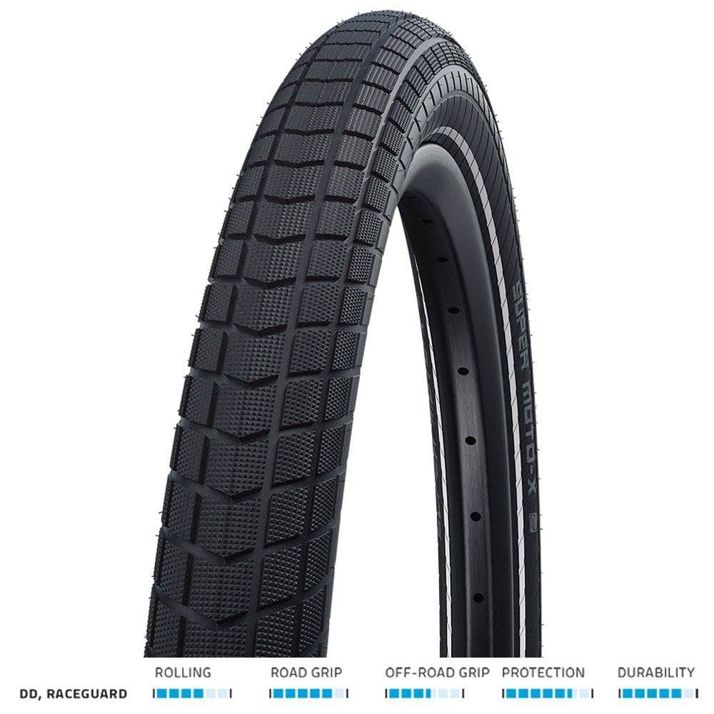 Schwalbe Super Moto-X E-Bike tyre with 3mm Green Guard puncture protection, showing tread pattern and sidewall details.