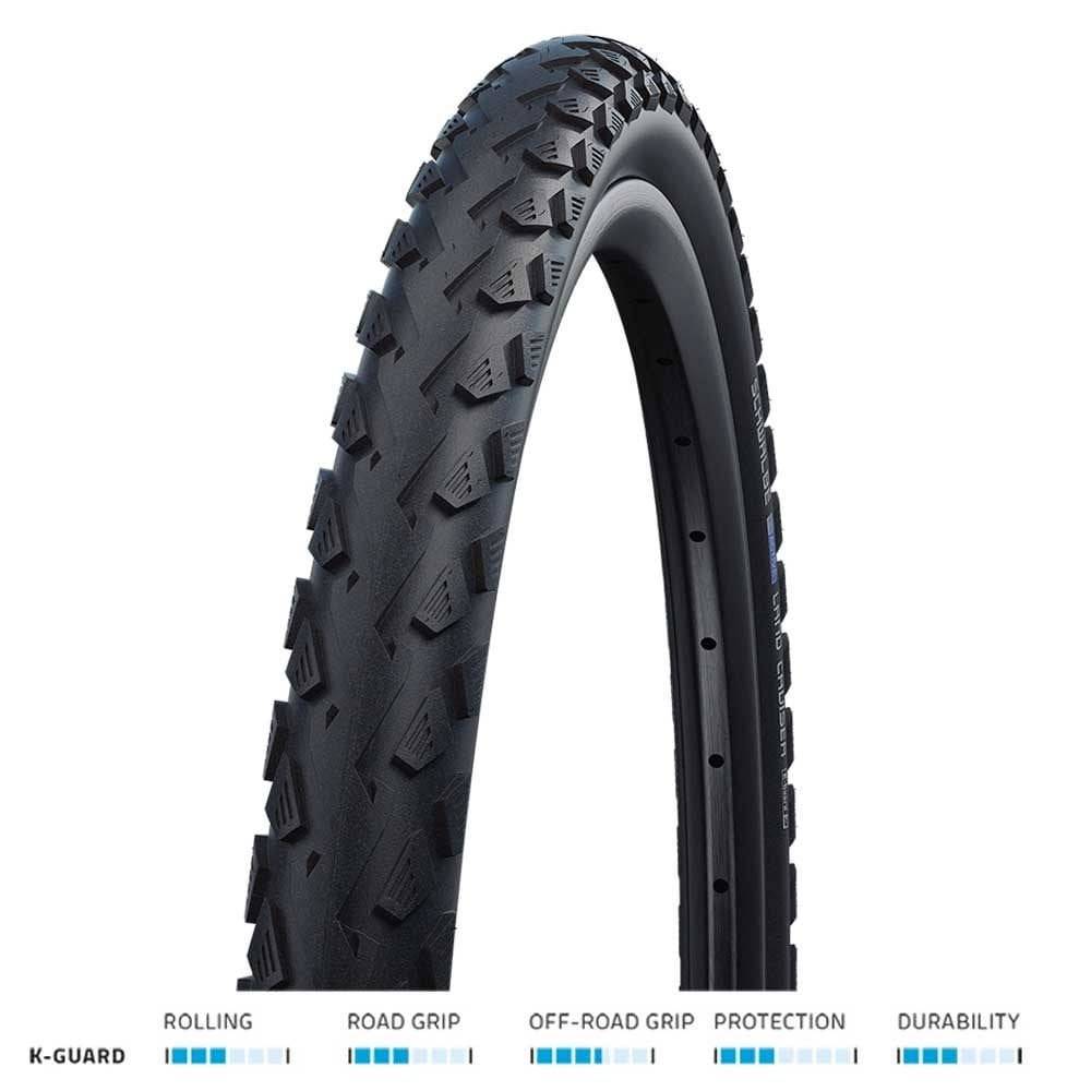 Schwalbe Land Cruiser K-Guard MTB and hybrid tire with puncture-resistant tread for mountain biking and road cycling.