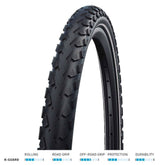 Schwalbe Land Cruiser Plus e-bike tire with PunctureGuard and reflective strip, durable components for electric bikes.