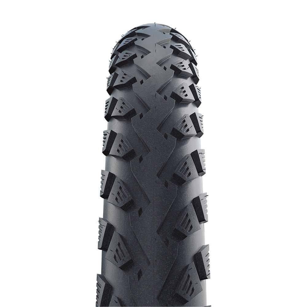 Schwalbe Land Cruiser Plus E-Bike tire showing tread pattern with PunctureGuard layer and reflective strip for durability and safety.