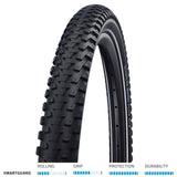 Schwalbe Marathon Plus MTB tyre with SmartGuard puncture protection, designed for e-bike use, mounted on a mountain bike wheel.