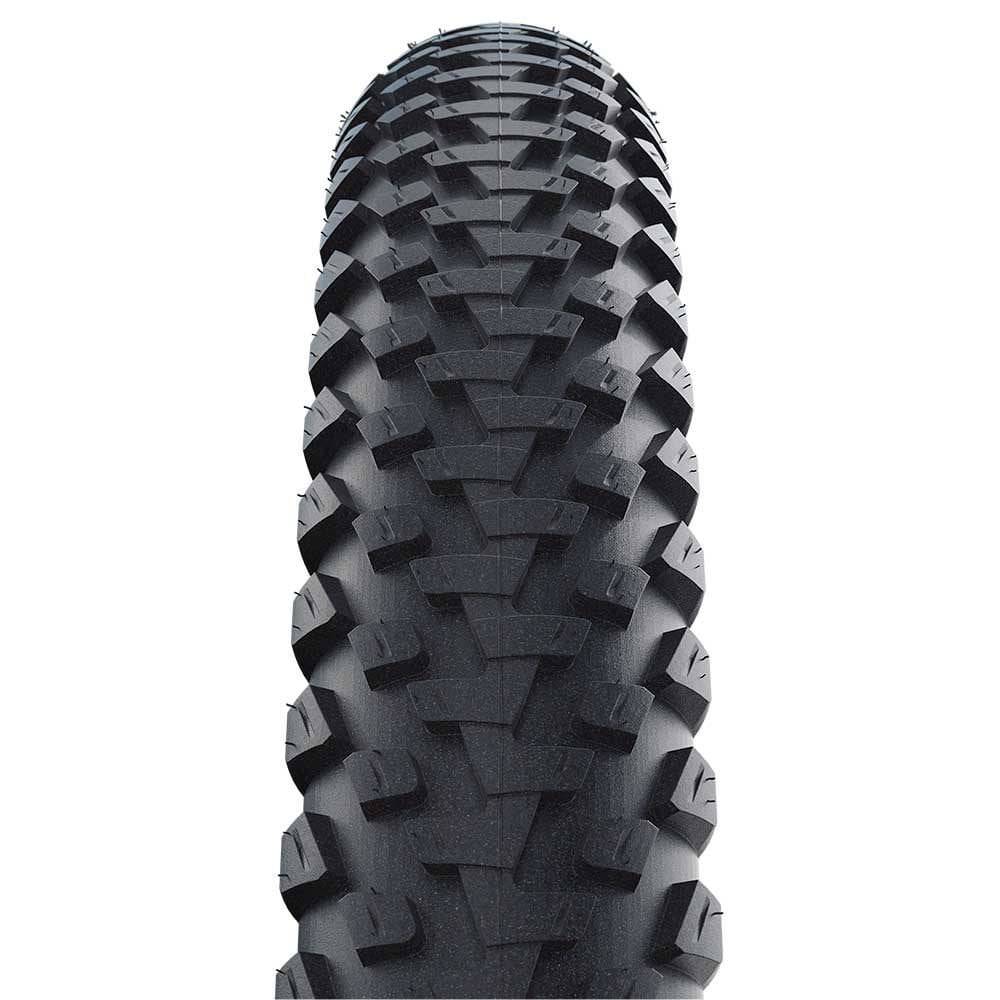 Schwalbe Marathon Plus MTB tyre with SmartGuard puncture protection, suitable for e-bikes, shown mounted on a mountain bike wheel.