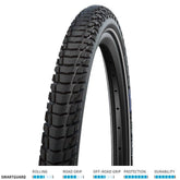 Schwalbe Marathon Plus Tour SmartGuard puncture-resistant e-bike tire with robust tread and sidewall for durable cycling performance.