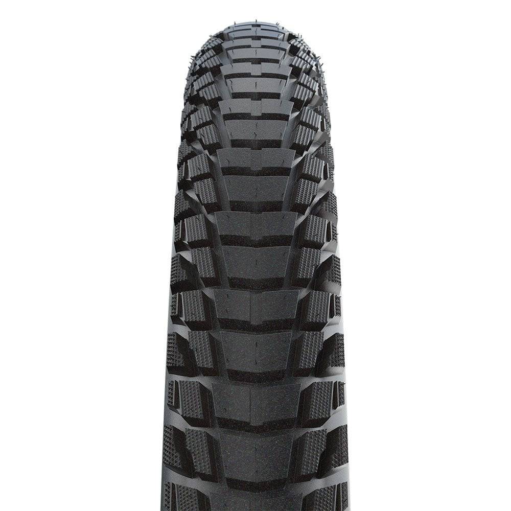 Schwalbe Marathon Plus Tour SmartGuard puncture-resistant e-bike tire with reflective sidewalls and robust tread for durability.