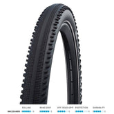 Schwalbe Hurricane Addix Performance E-Bike tyre showing tread pattern, designed for durability and quiet ride on electric bikes.