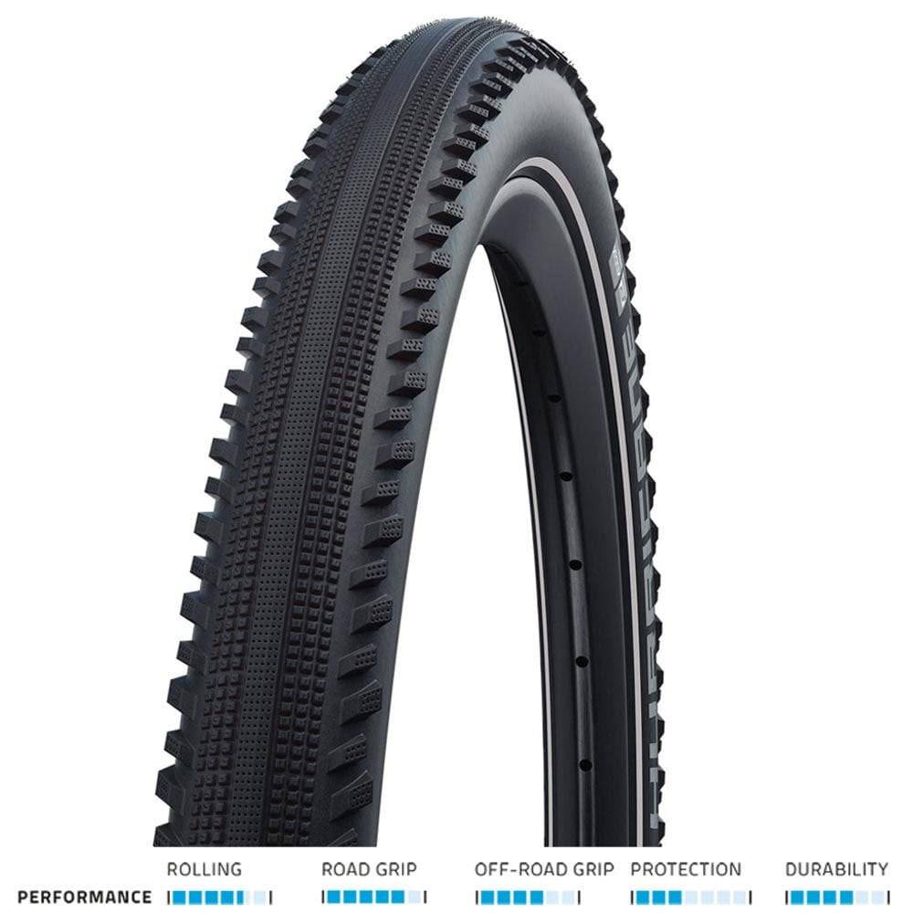 Schwalbe Hurricane Addix Performance e-bike tyre showing the tread pattern and sidewall design for durability and quiet riding.
