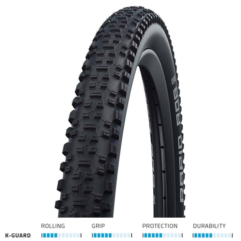 Schwalbe Rapid Rob K-Guard MTB tire with puncture-resistant tread for trail and mountain biking, shown mounted on a bike wheel.