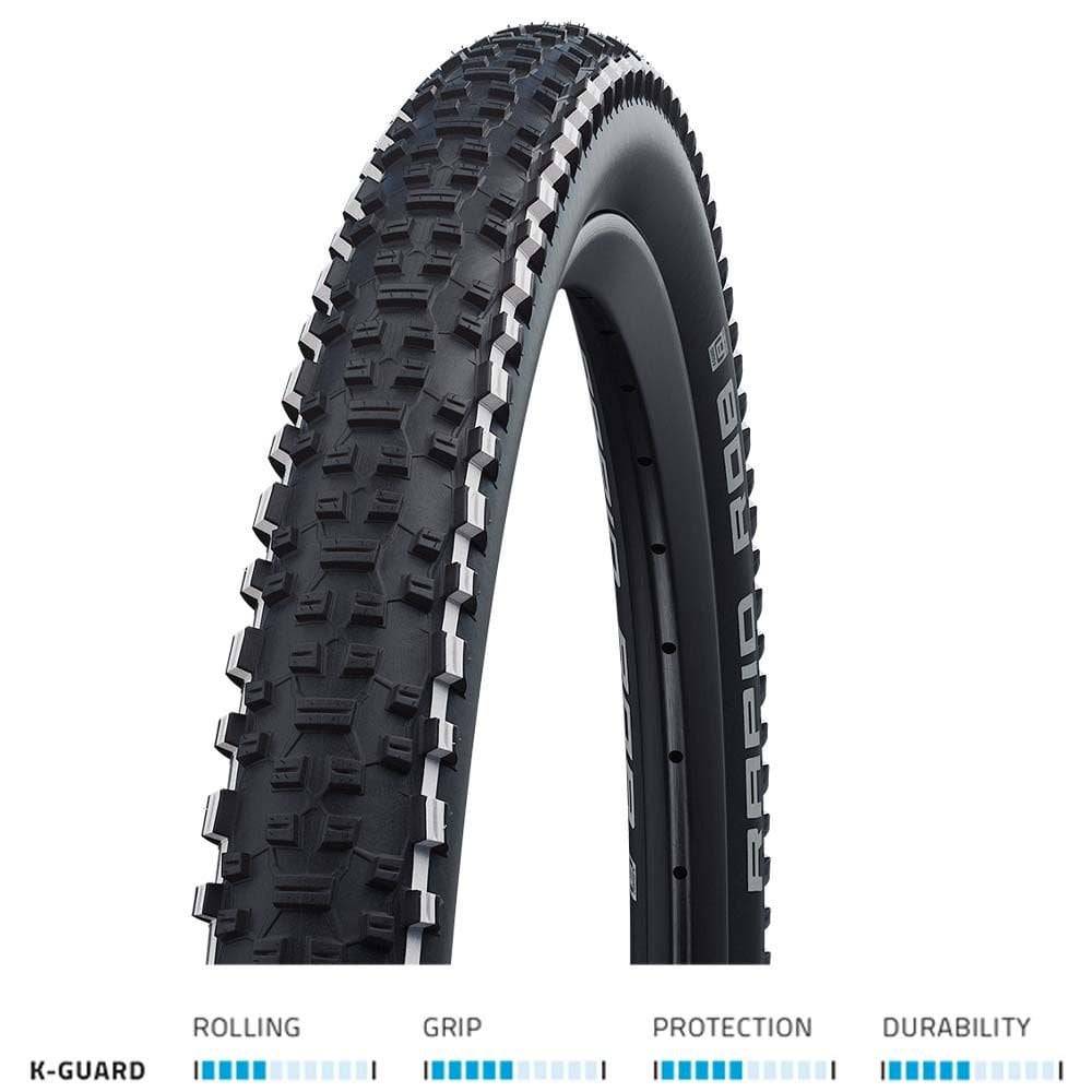 Schwalbe Rapid Rob K-Guard MTB tire with puncture-resistant tread for trail and mountain biking, shown mounted on a bike wheel.