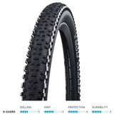 Schwalbe Rapid Rob K-Guard MTB tire with puncture-resistant tread for trail and mountain biking, shown mounted on a bike wheel.