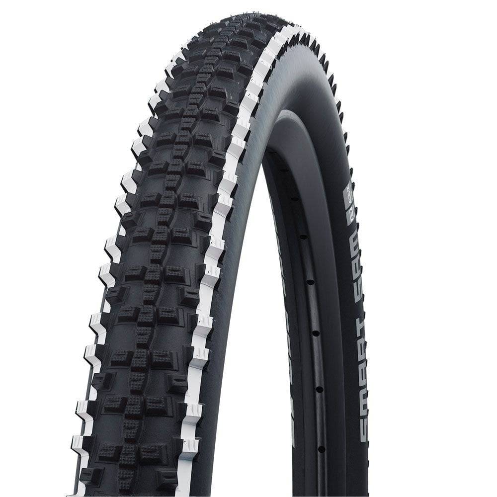 Schwalbe Smart Sam Addix Performance mountain bike tyre with rugged tread for road and off-road traction, shown in close-up.