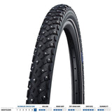 Schwalbe Marathon Winter Plus Smartguard tyre with 168 spikes for ice grip, designed for bicycle winter riding.