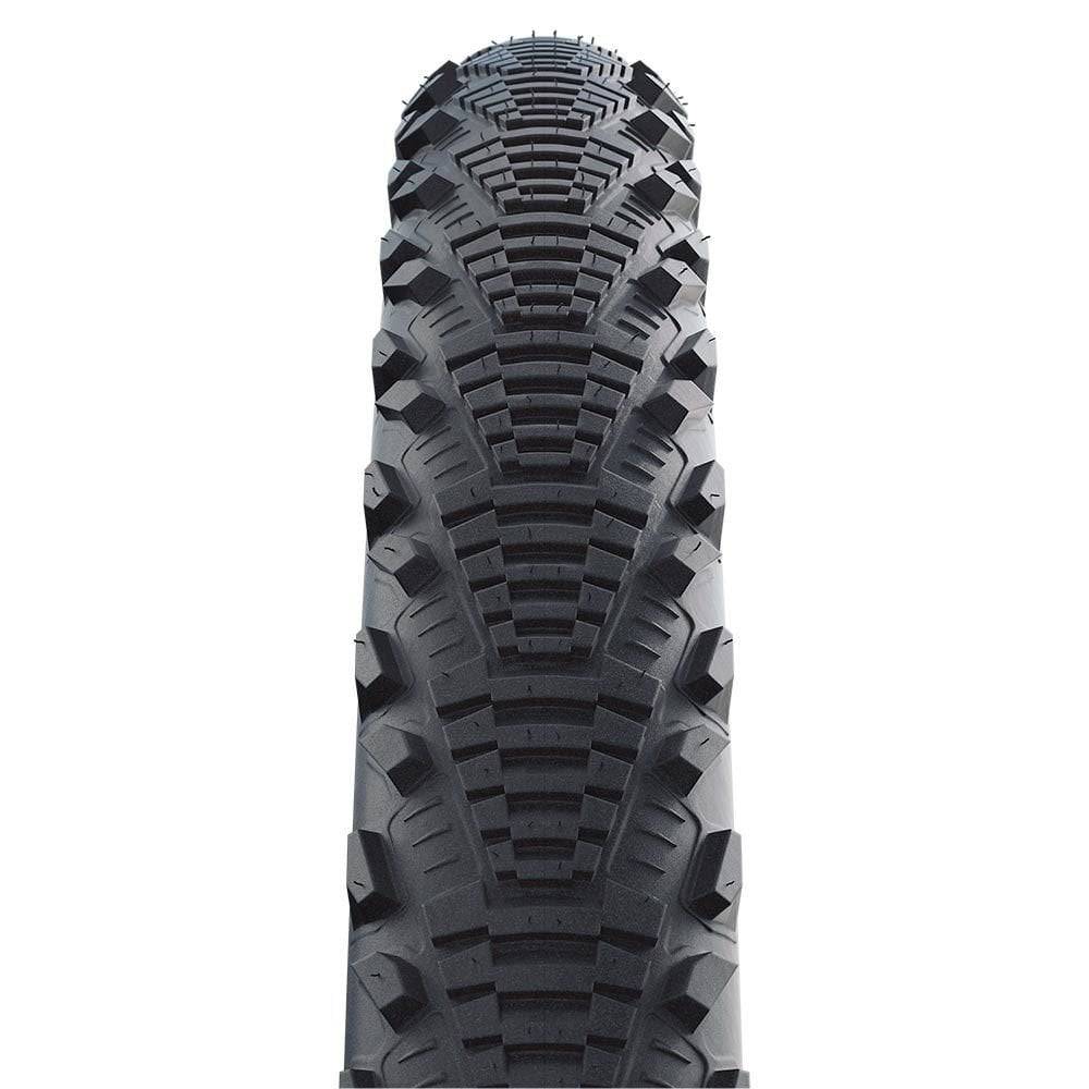 Schwalbe Cx Comp tyre with K-Guard puncture protection and LiteSkin sidewalls, displaying tread pattern and sidewall details.