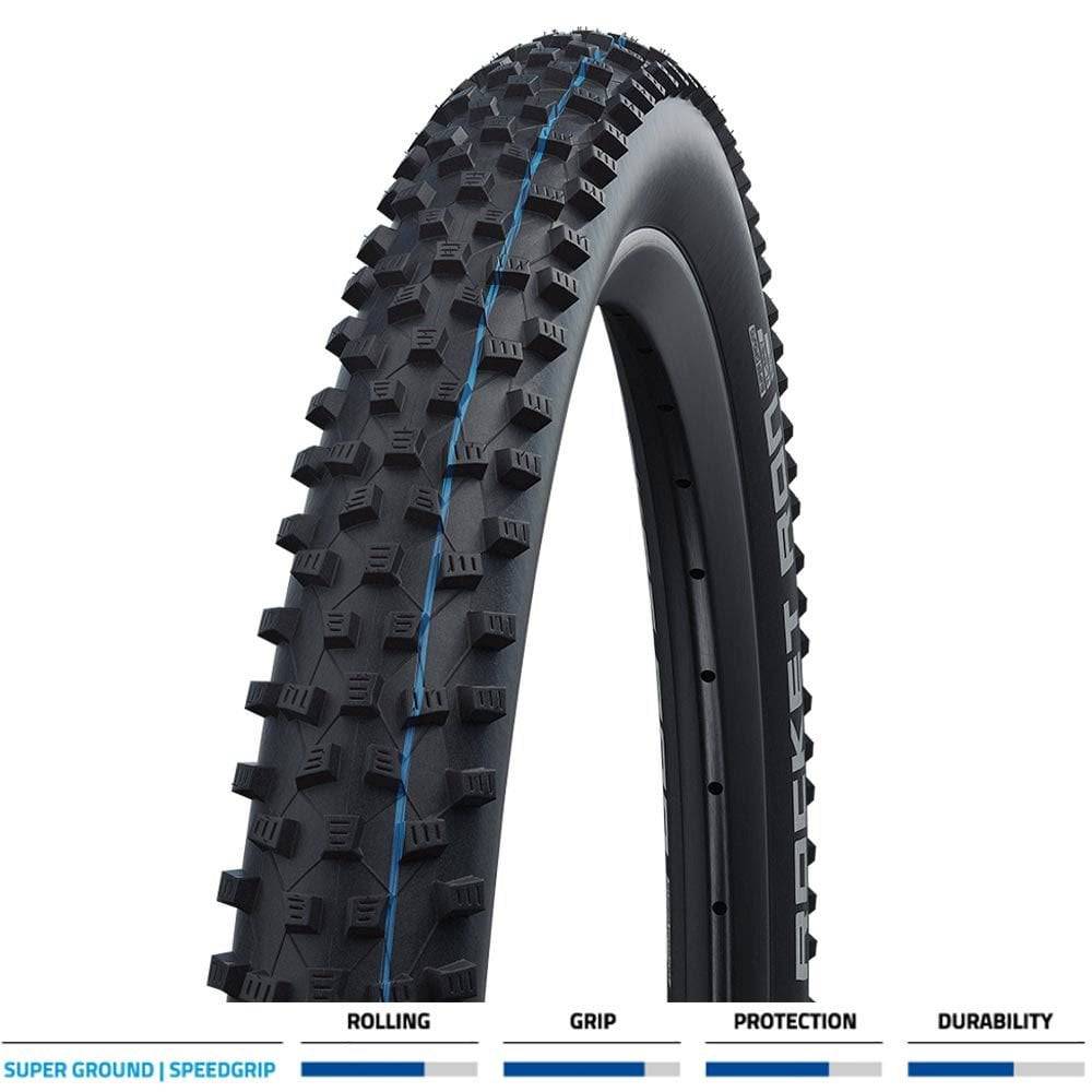 Schwalbe Rocket Ron Evo Super Ground TLE folding mountain bike tyre for XC and e-bike, showing tread pattern and sidewall details.