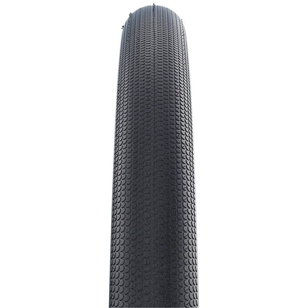 Schwalbe G-One Speed RaceGuard gravel and rough road racing tire, folding design, shown mounted on a bike wheel.