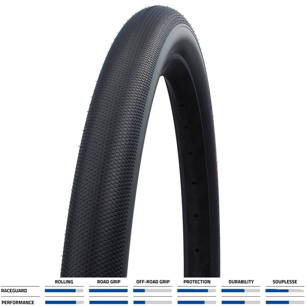Schwalbe G-One Speed RaceGuard gravel and rough road racing tire with folding design and tread pattern for off-road cycling.