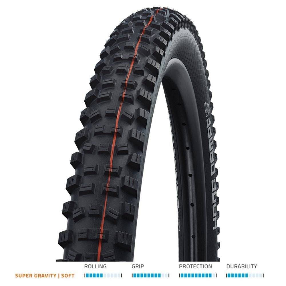 Schwalbe Hans Dampf Addix Super Gravity MTB and E-Bike tubeless folding tire with soft compound and easy installation.