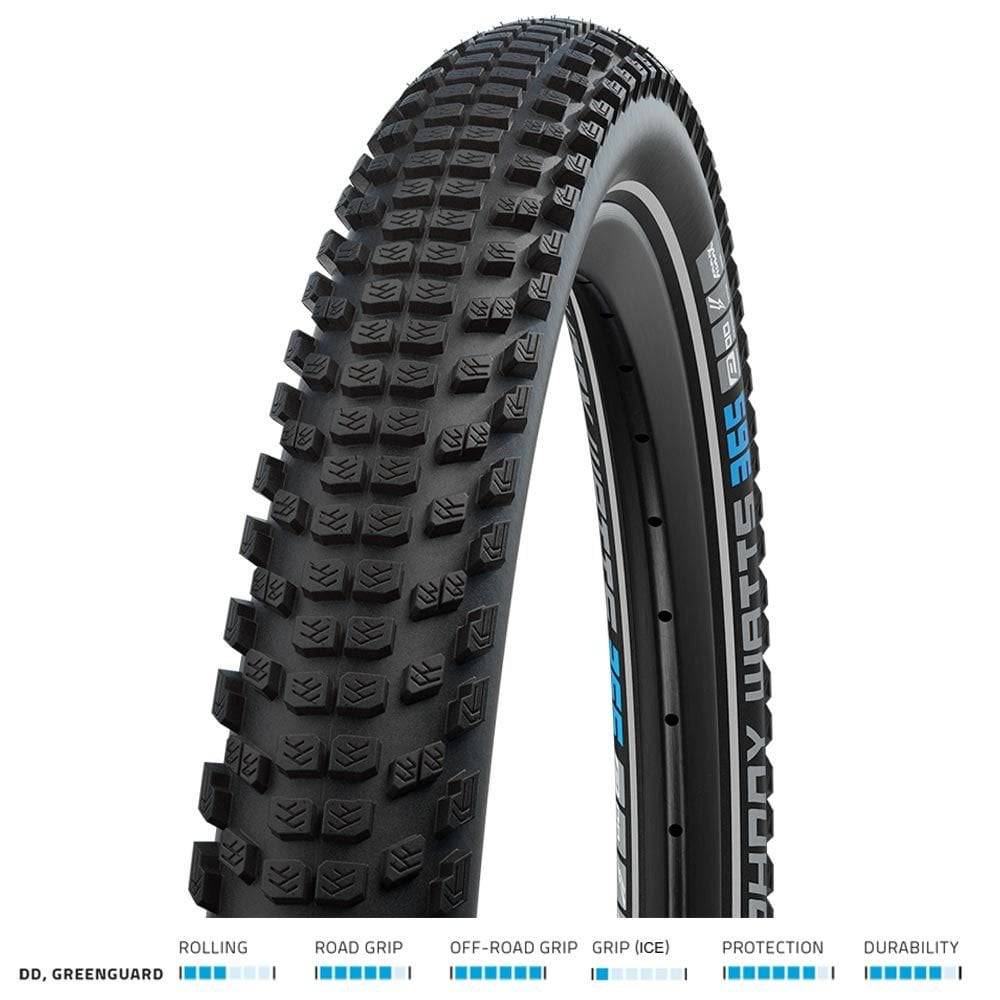 Schwalbe Johnny Watts 365 DD Greenguard tire with durable puncture protection, shown mounted on a bicycle wheel.