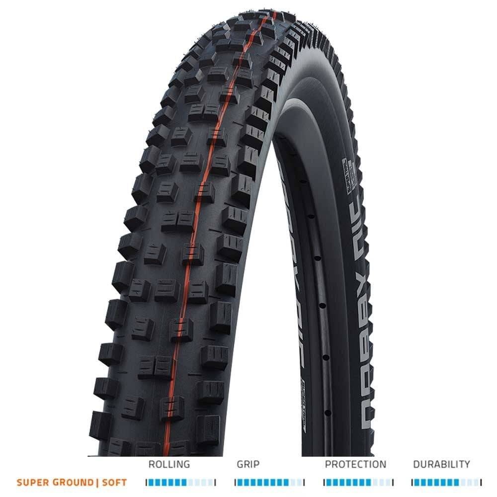 Schwalbe Nobby Nic Super Ground Soft folding MTB tyre with tubeless E-bike readiness, suitable for mountain biking components.