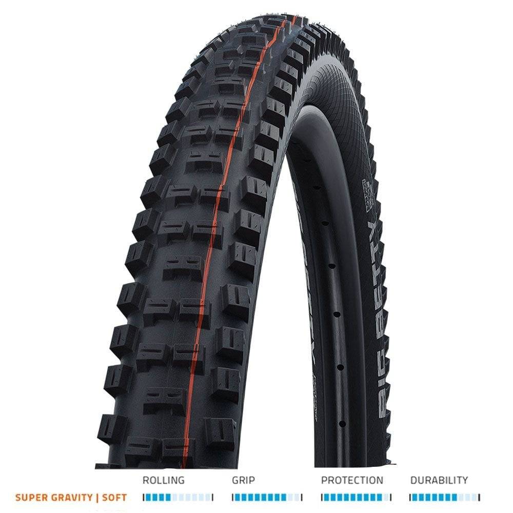 Schwalbe Big Betty Evo Super Gravity MTB tire with Addix Soft compound, folding TLE design, suitable for downhill and enduro bikes.