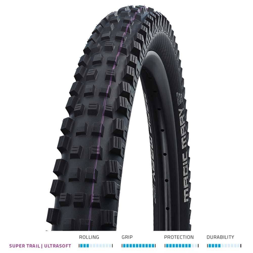 Schwalbe Magic Mary Addix Super Trail tubeless E-bike tire with ultra soft folding design, ready for mountain biking.