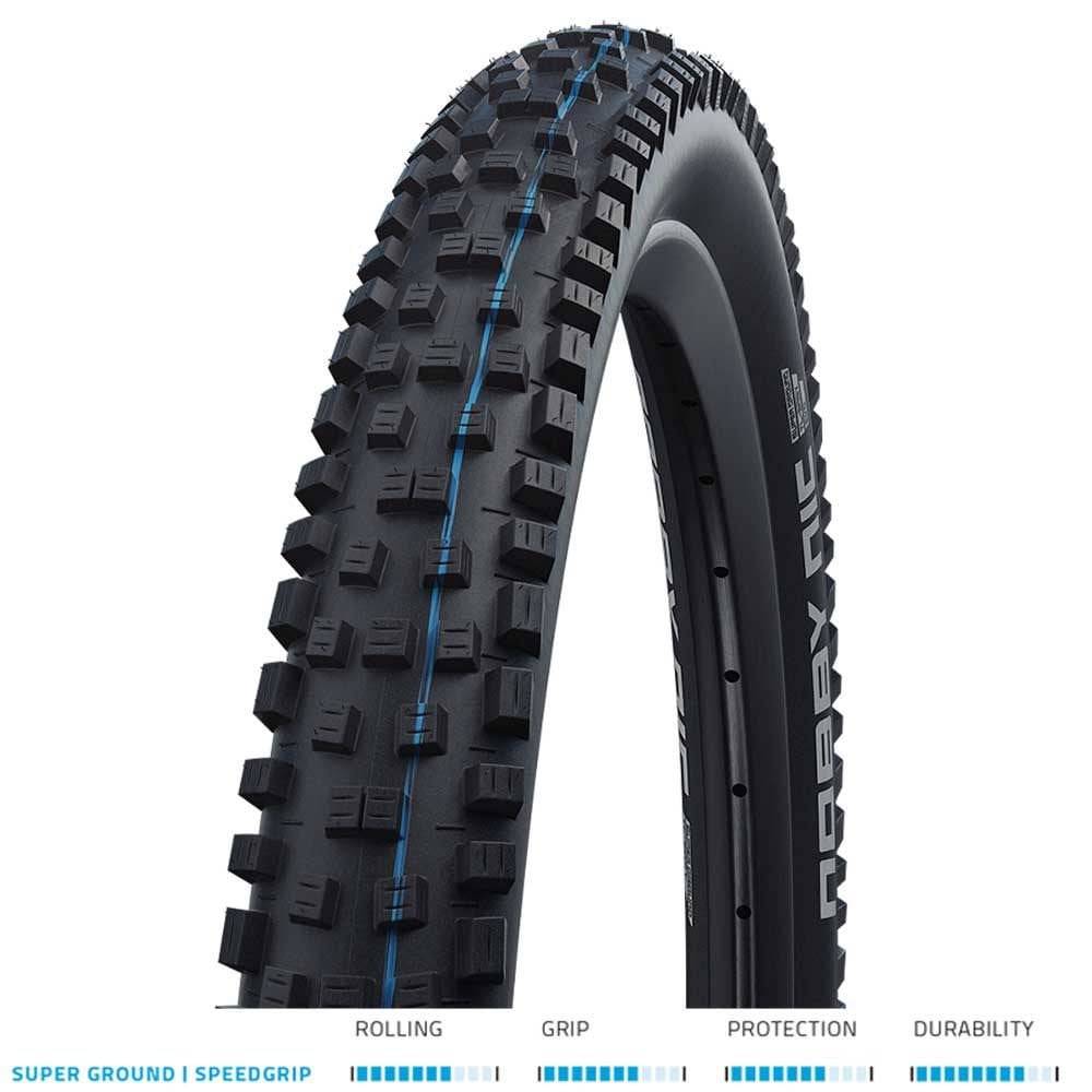 Schwalbe Nobby Nic Super Ground MTB tire with tubeless ready design, showing tread pattern for mountain biking and e-bike use.