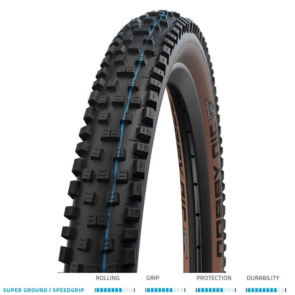 Schwalbe Nobby Nic Super Ground MTB tyre with tubeless E-Bike compatibility, showing tread pattern and sidewall details.
