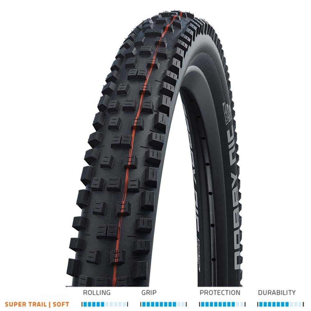 Schwalbe Nobby Nic Super Trail tubeless MTB tire with E-Bike readiness, showing the tread pattern and sidewall details.