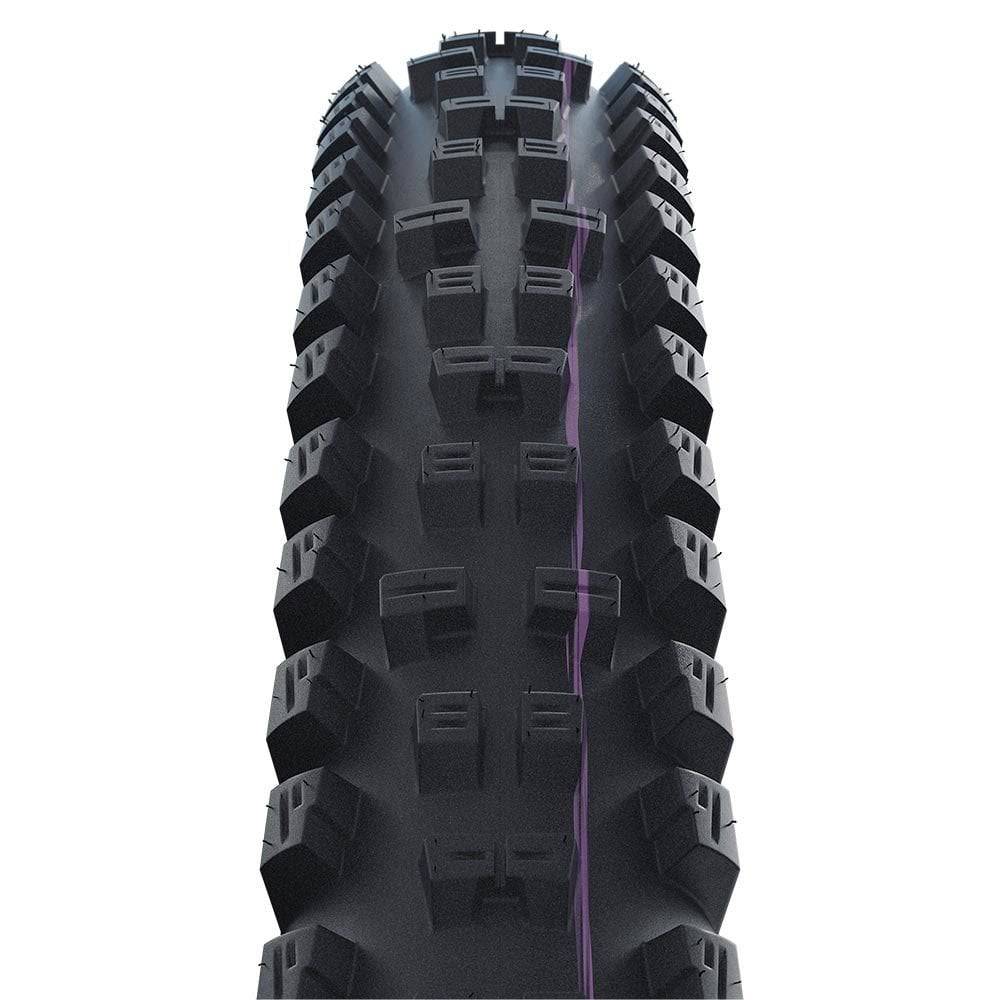 Schwalbe Tacky Chan Evo downhill folding tubeless tire with E-50 compatibility, shown in close-up with tread detail.
