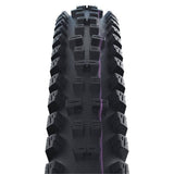 Schwalbe Tacky Chan Evo downhill folding tubeless tire with E-50 compatibility, shown in close-up with tread detail.