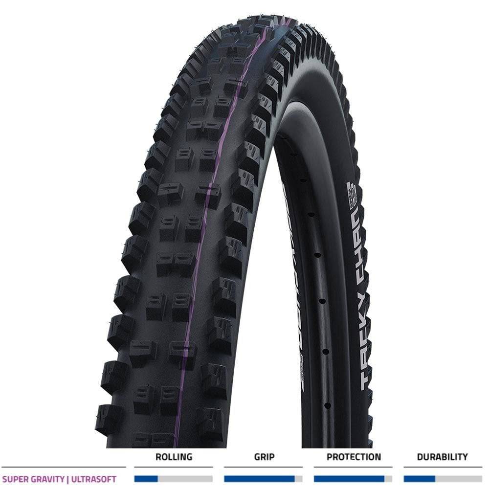 Schwalbe Tacky Chan Evo Super Gravity folding tubeless-ready downhill mountain bike tyre, black rubber with tread pattern