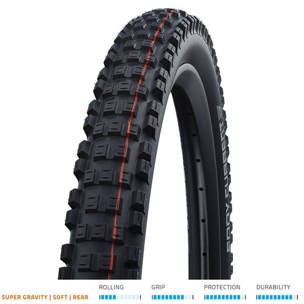 Schwalbe Eddy Current Evo Super Gravity rear MTB tire for E-MTB all mountain and enduro bikes, showing tread pattern and sidewall.