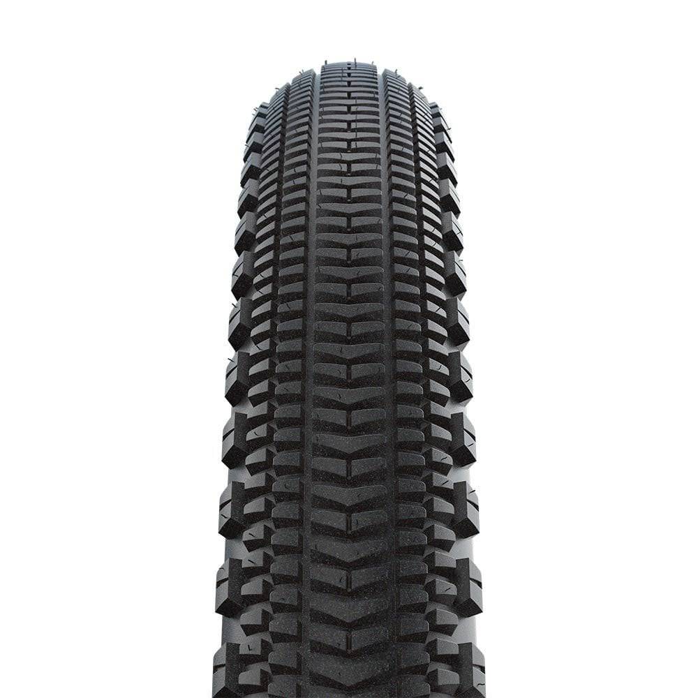 Schwalbe G-One Overland 365 RaceGuard TLE tyre for e-bikes and mixed terrain, showing tread pattern and sidewall details.