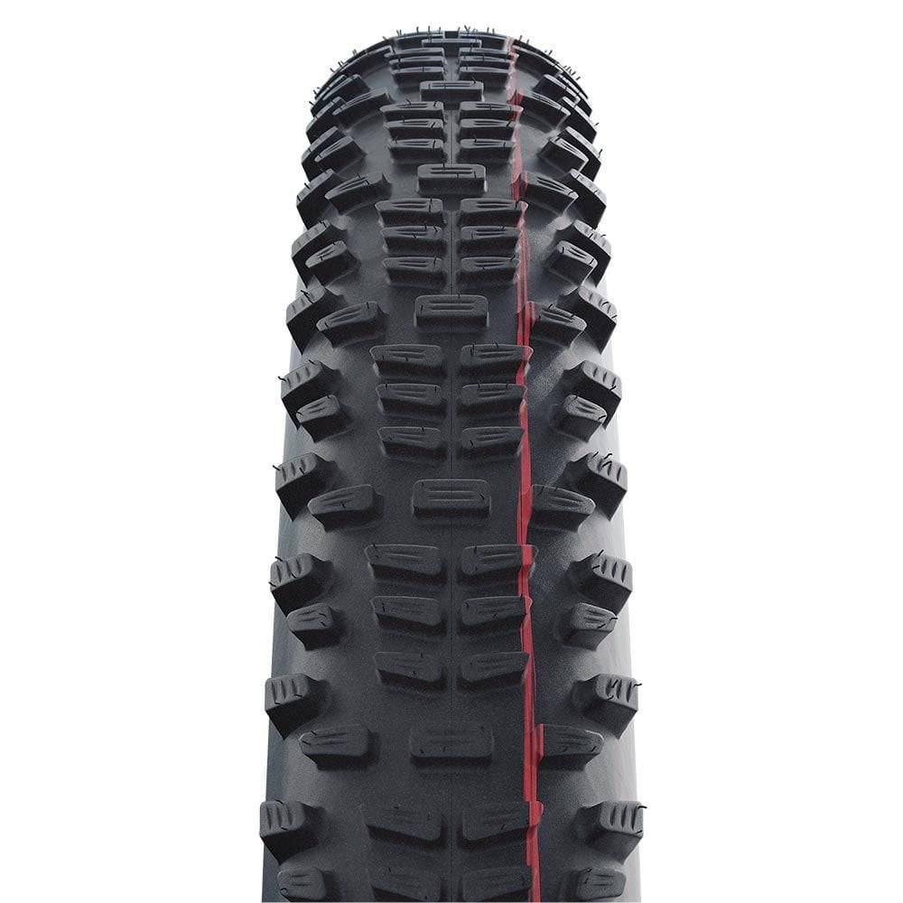 Schwalbe Racing Ralph Evo Super Ground MTB tire for e-bikes, showcasing its tread pattern and sidewall design on a mountain bike component