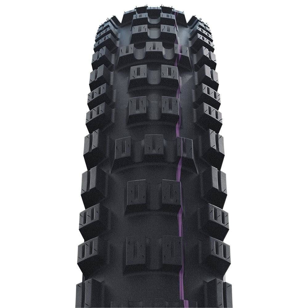Schwalbe Eddy Current Evo Supertrail Ultra Soft front E-MTB tyre mounted on a mountain bike, designed for all-mountain and enduro riding.