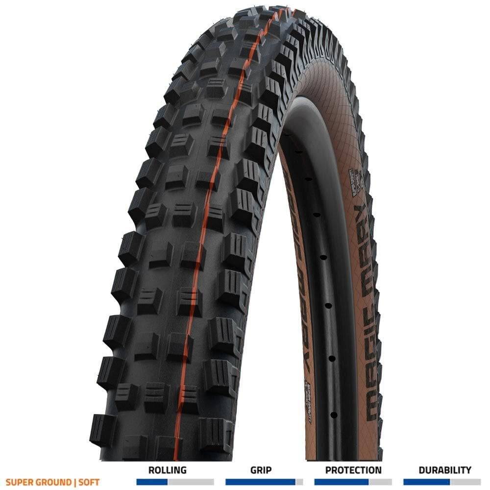 Schwalbe Magic Mary Addix Super Trail soft folding tubeless mountain bike tyre with tread pattern for trail riding.