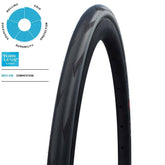 Schwalbe Pro One Evo Super Race folding tubeless road tyre mounted on a bicycle wheel, showcasing sleek black design and tread pattern.