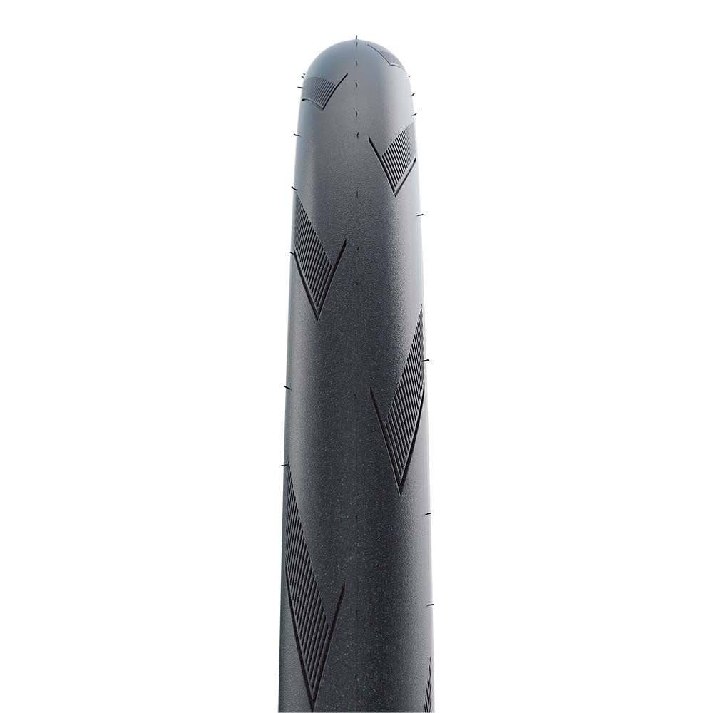 Schwalbe Pro One Evo Super Race folding tubeless road tyre installed on a bicycle wheel, showcasing its sleek tread design.