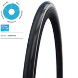 Schwalbe Pro One Evo Super Race folding tubeless road tyre with sleek black tread and sidewall for high-performance cycling.
