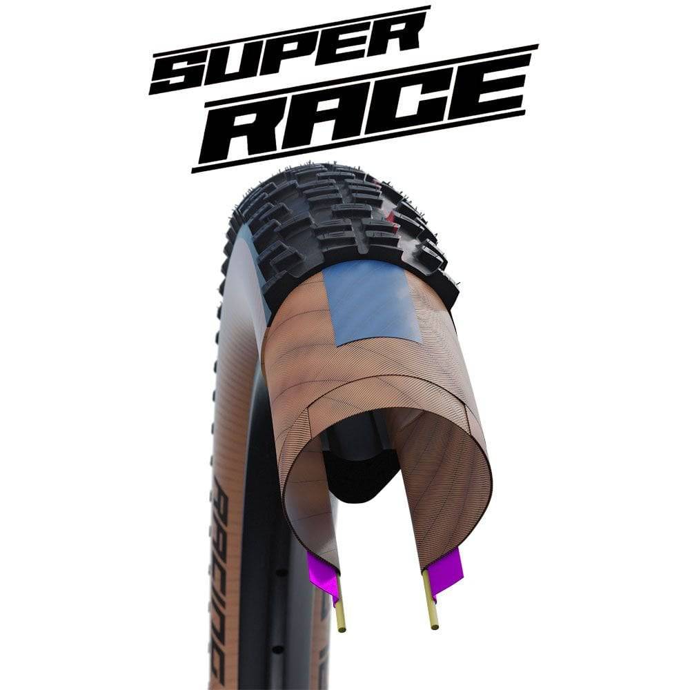 Schwalbe Pro One Evo Super Race folding tubeless road tyre mounted on a bike rim, showcasing its sleek design and tread pattern.