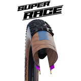 Schwalbe Pro One Evo Super Race folding tubeless road tyre mounted on a bike rim, showcasing its sleek design and tread pattern.