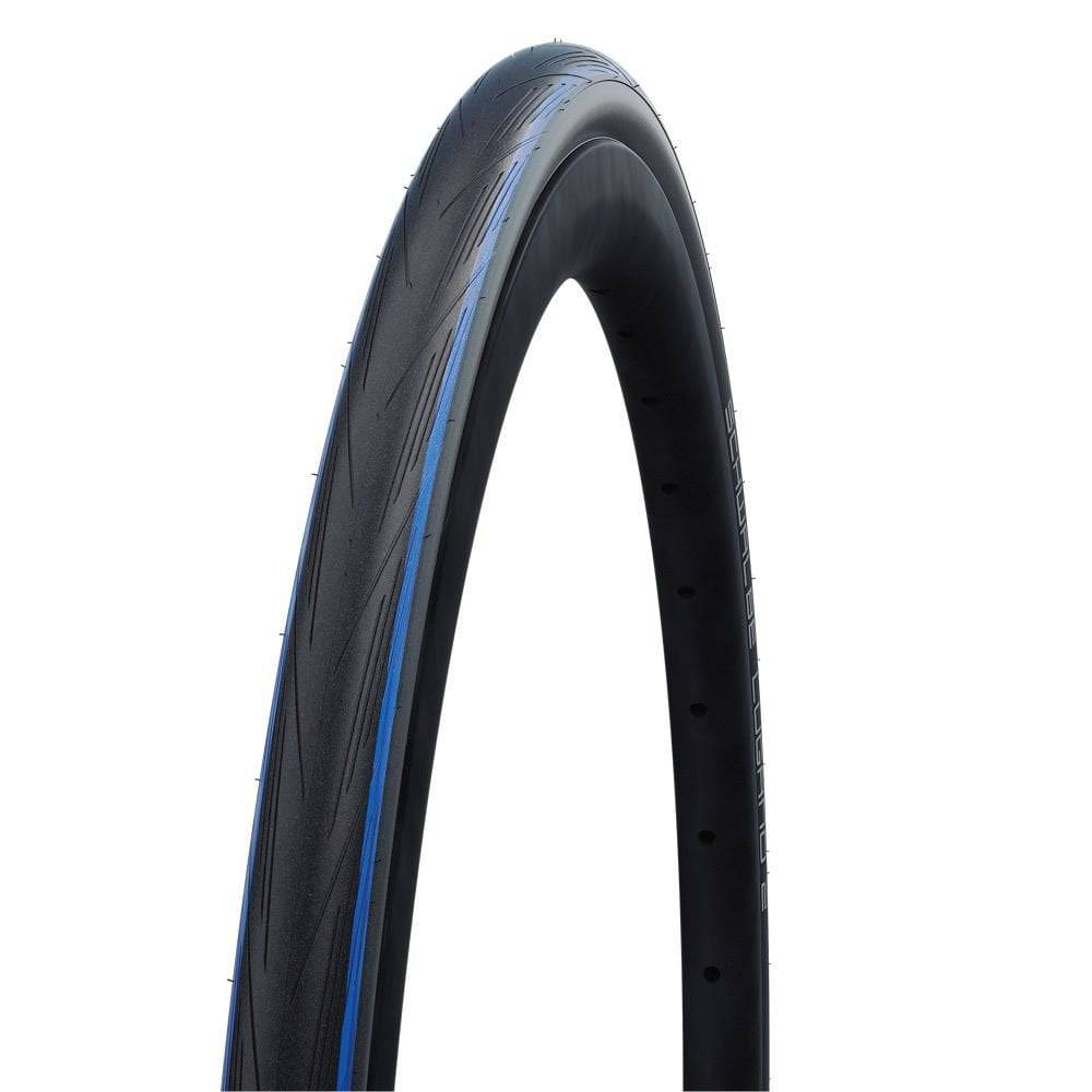 Schwalbe Lugano II road tire with K-Guard puncture protection and silica compound, shown mounted on a bike wheel.