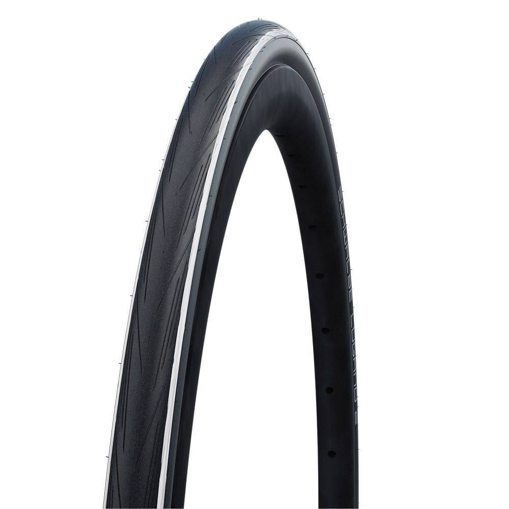 Schwalbe Lugano II road tyre with K-Guard puncture protection and silica compound, shown mounted on a bike wheel.