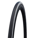 Schwalbe Lugano II road tyre with K-Guard puncture protection and silica compound, shown mounted on a bike wheel.