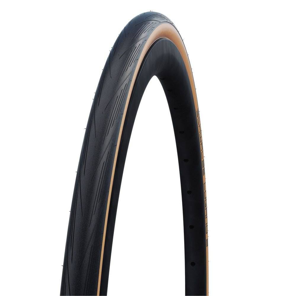 Schwalbe Lugano II road tyre with K-Guard puncture protection and silica compound, shown mounted on a bicycle wheel.