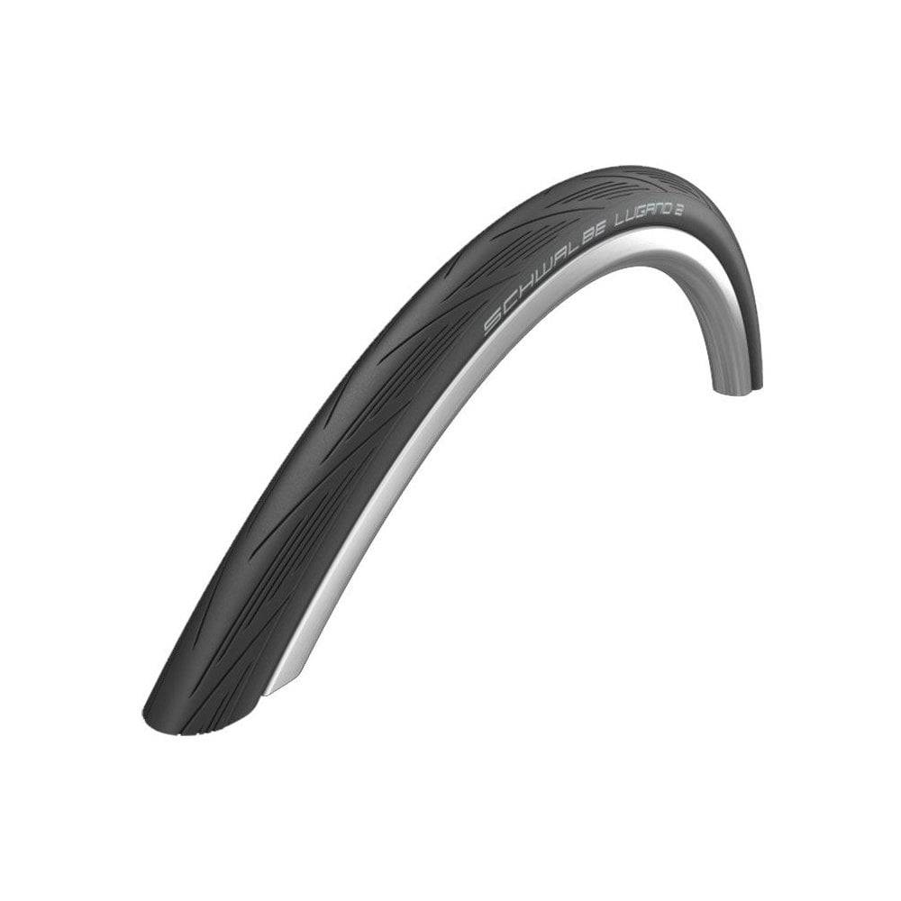 Schwalbe Lugano II folding road bike tyre with K-Guard puncture protection, showcasing the tread pattern and sidewall design.