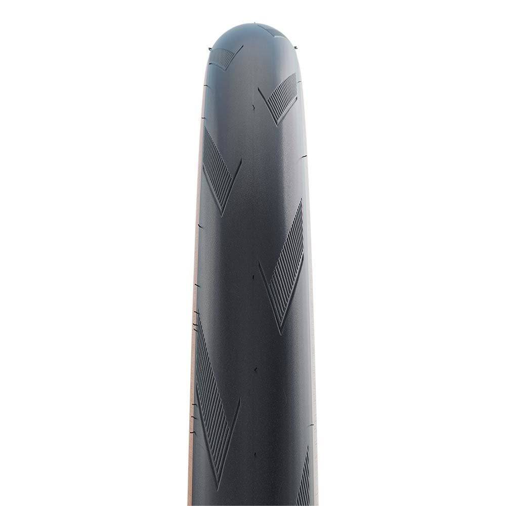 Schwalbe One Performance Raceguard tubeless easy tyre for e-bikes, 700x25, with sleek black tire sidewall and tread pattern.