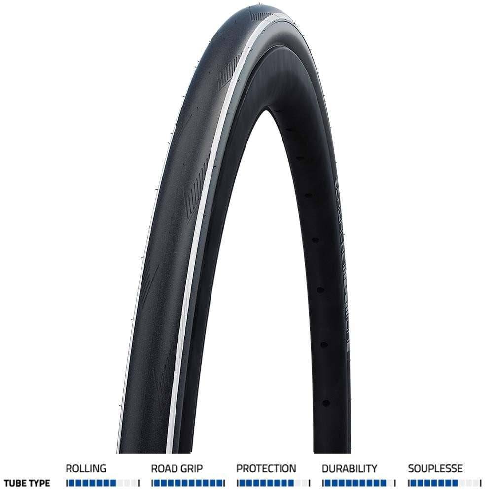 Schwalbe One Performance Raceguard tubeless easy e-bike ready 700x25 tire with black rubber and tread pattern for road cycling.