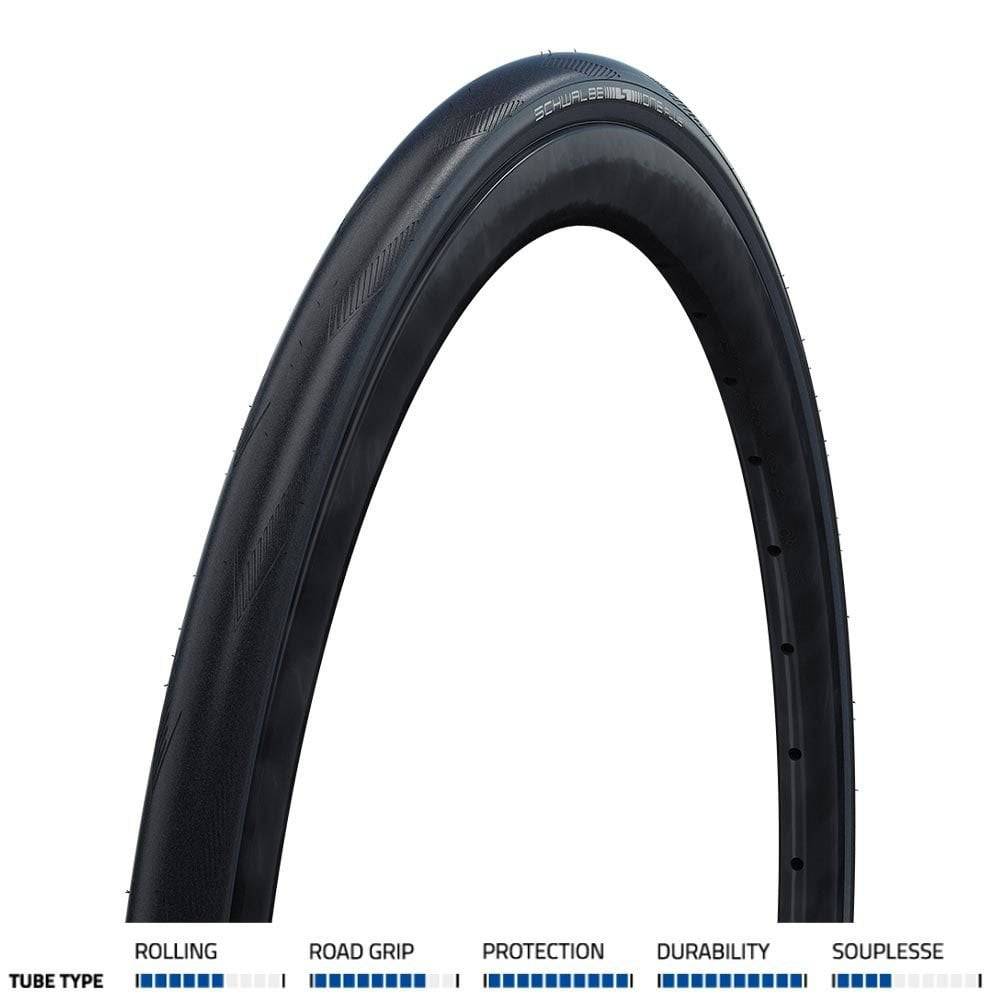 Schwalbe One Plus Performance Smartguard folding road tyre for commuting and training, shown mounted on a bicycle wheel.