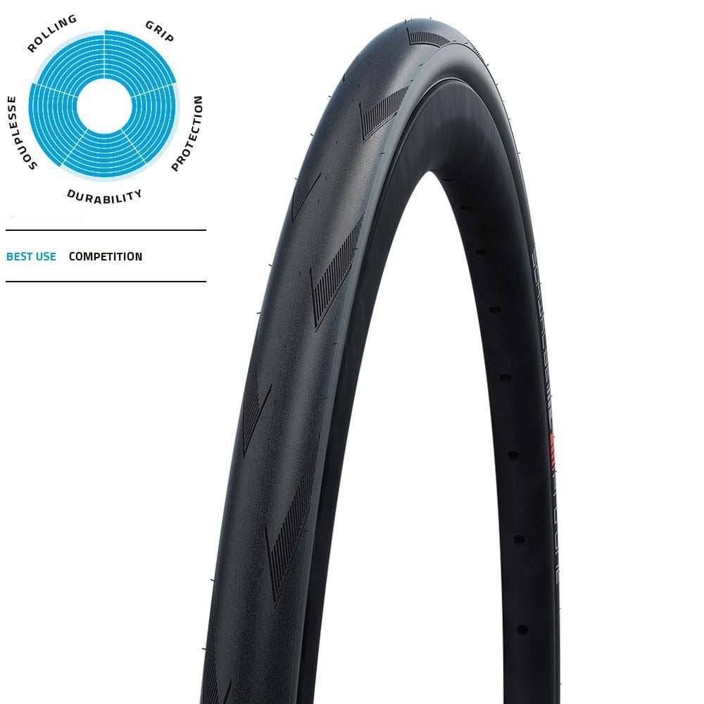 Schwalbe Pro One Evo Super Race tubeless folding road tire with easy tube type, showcasing its sleek tread and sidewall design.