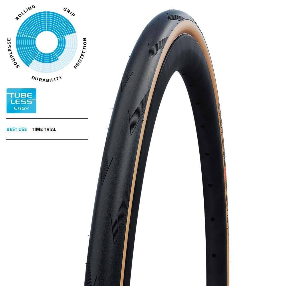 Schwalbe Pro One Tt Evo tubeless road bike tyre with V-Guard protection, easy folding design, and lightweight performance.